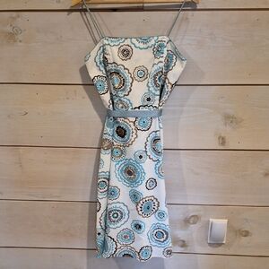 dressbarn Cream Spaghetti Strap Midi Dress with Blue and Brown Floral Medallions
